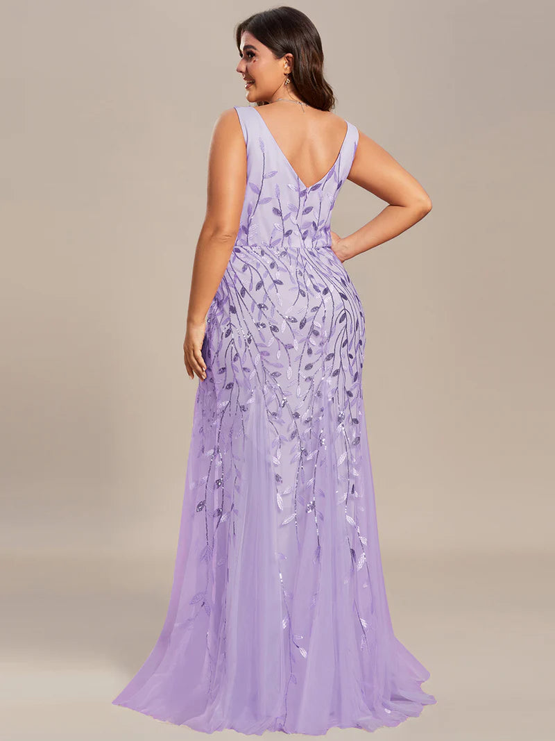 Lavender plus sized dress with fishtail and sequin.