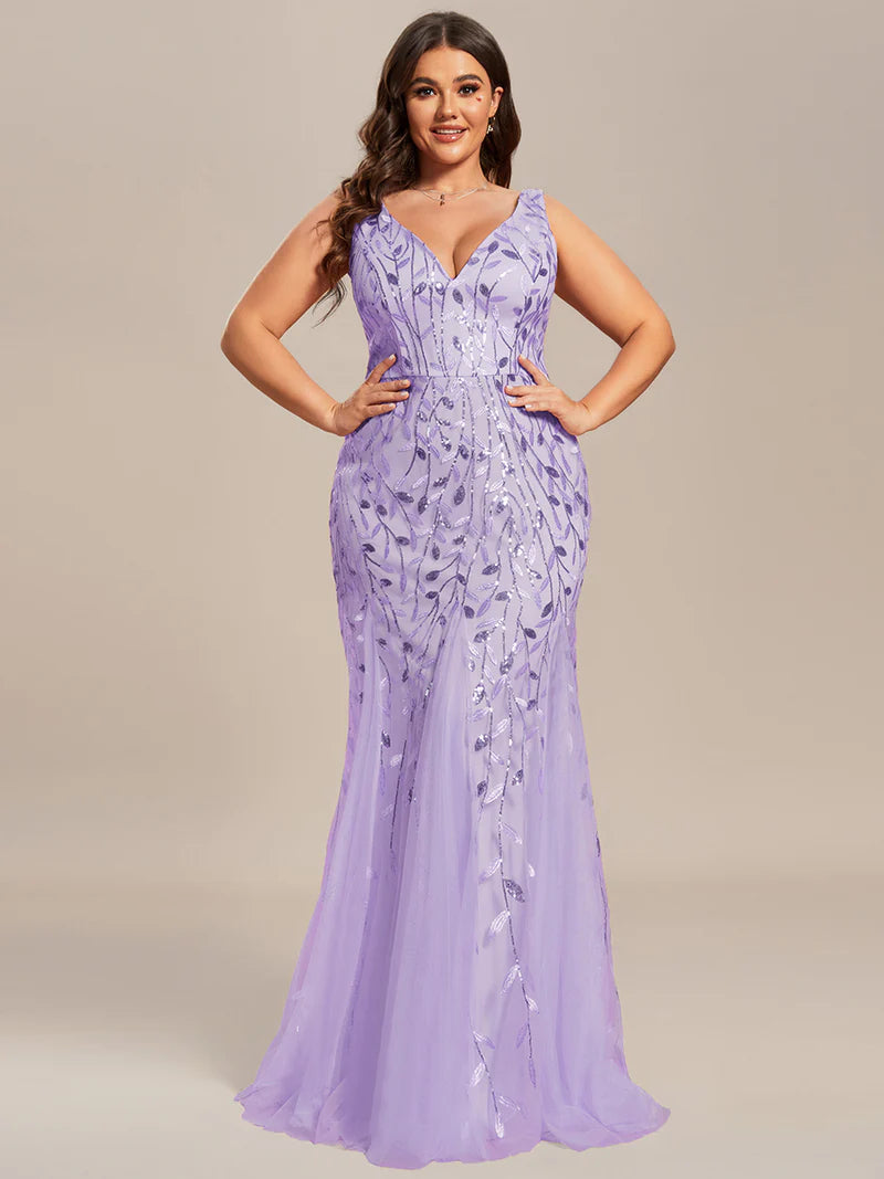 Lavender plus sized dress with fishtail and sequin.