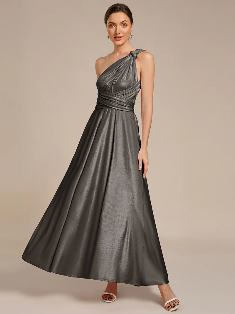 Metallic Grey plus size infinity multiway bridesmaid dress with tube top.