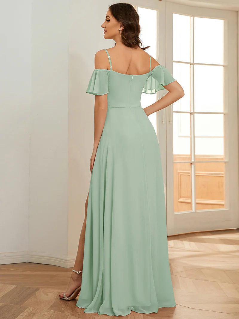 Mint green bridesmaid dress, off shoulder chiffon.