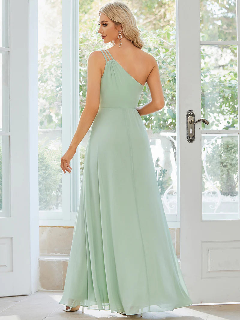 Mint green bridesmaid dress with one shoulder, beaded and chiffon.