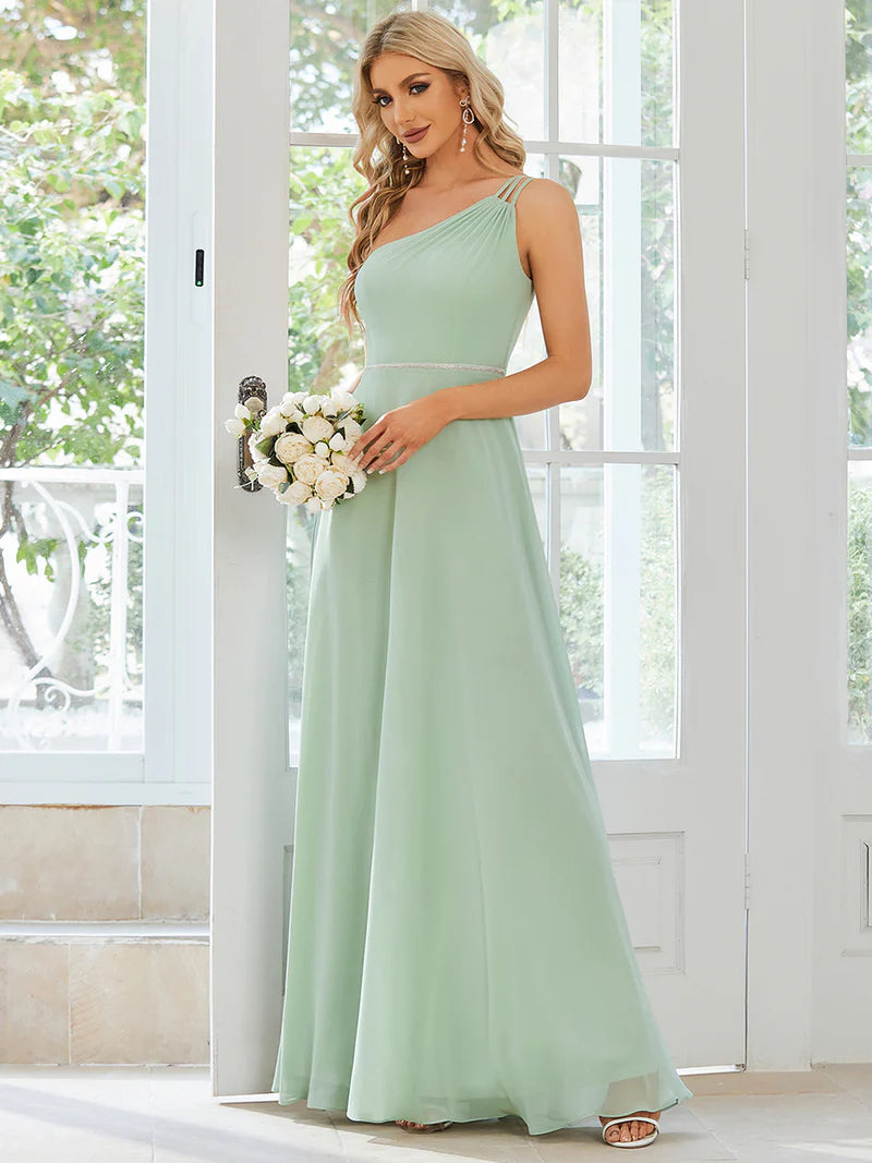 Mint green bridesmaid dress with one shoulder, beaded and chiffon.