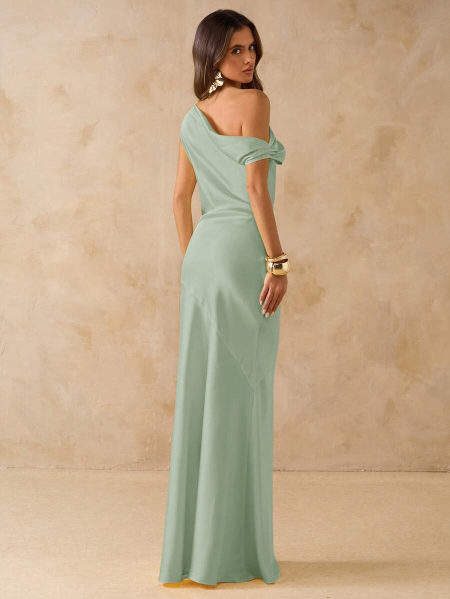 Mint Green Bridesmaid asymmetrical off the shoulder satin sheath dress.