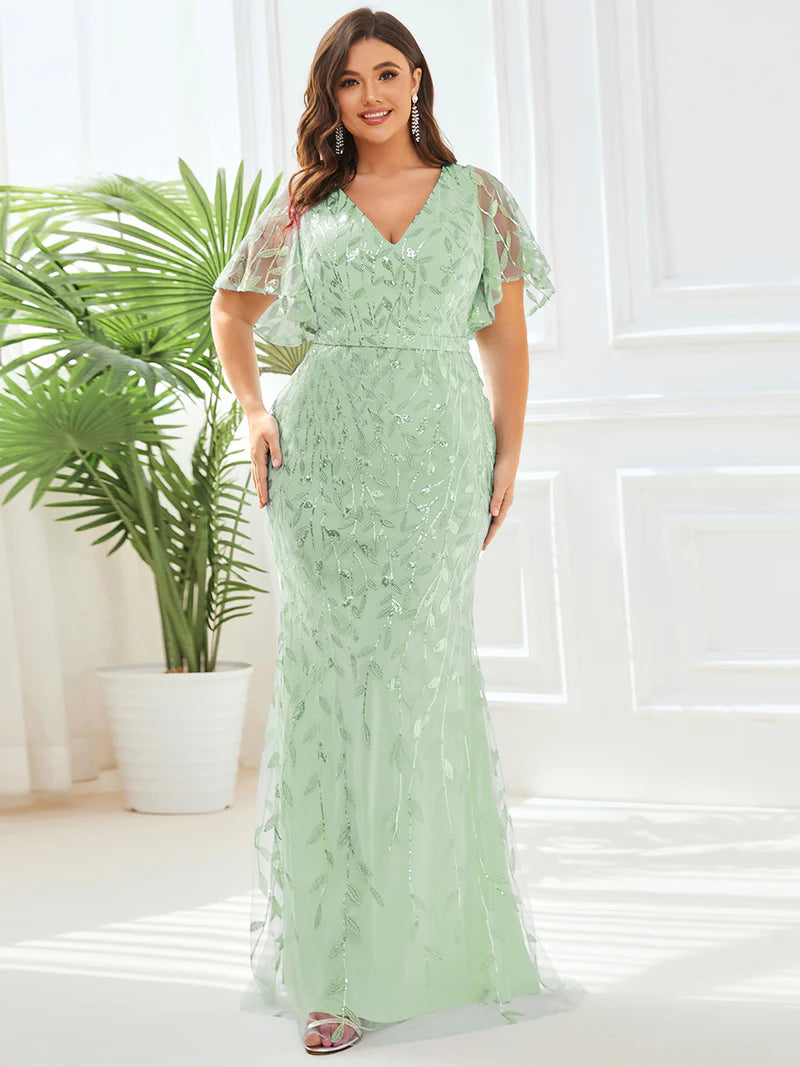 Mint Green Plus Size Mother of the bride dress with tulle, sequins and lace ruffle sleeves.