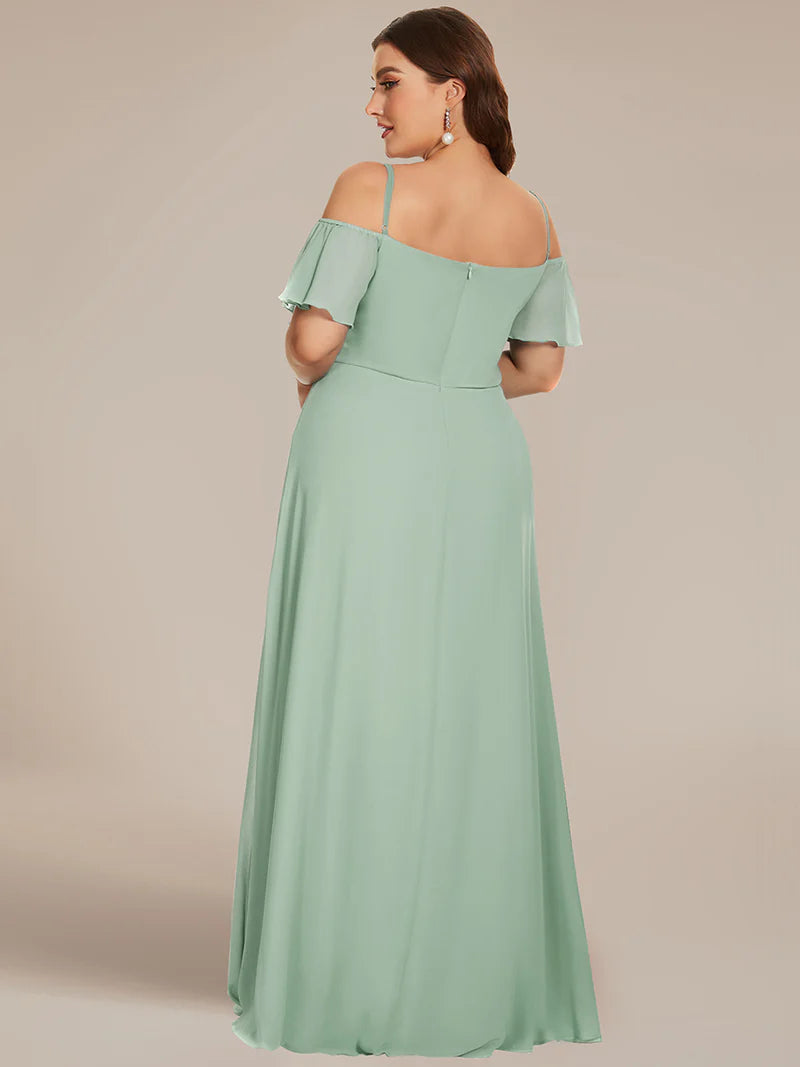 Mint green plus sized bridesmaid dress, off shoulder chiffon.