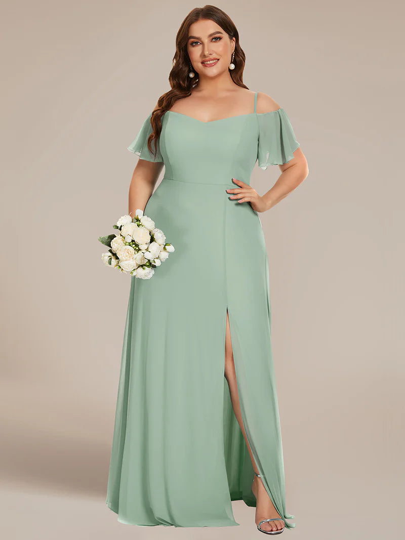 Mint green plus sized bridesmaid dress, off shoulder chiffon.