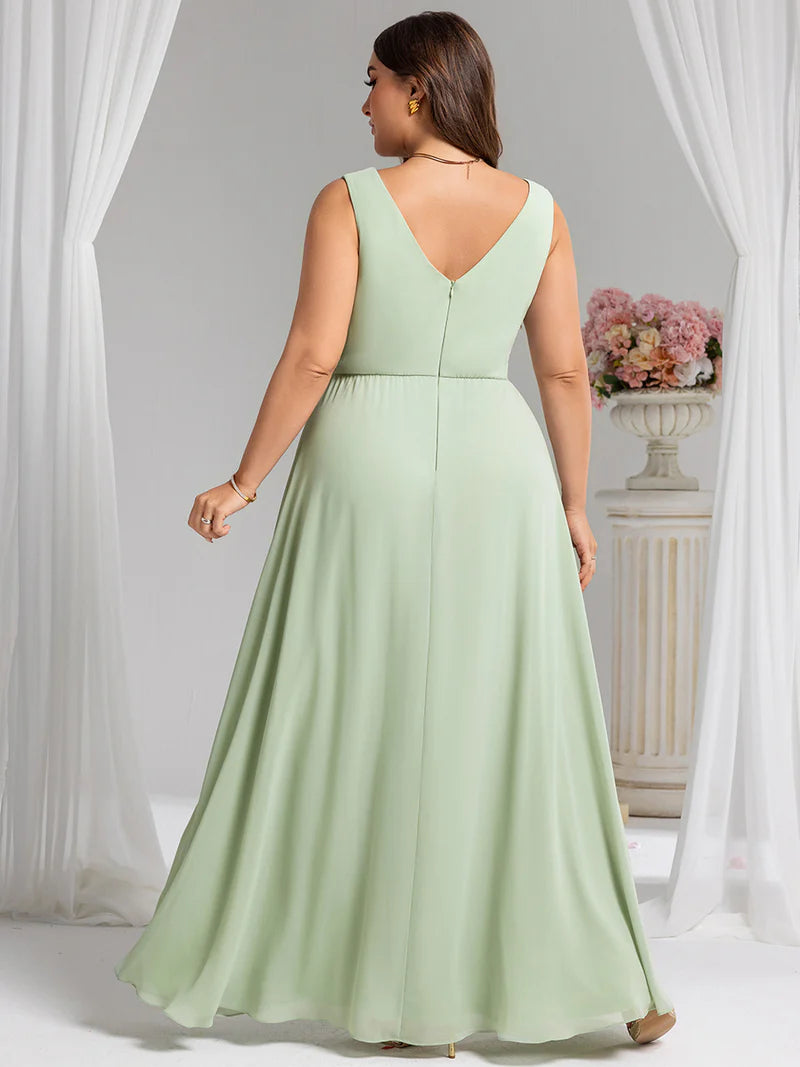 Mint green plus size bridesmaid dress, sleeveless A-line chiffon with split.