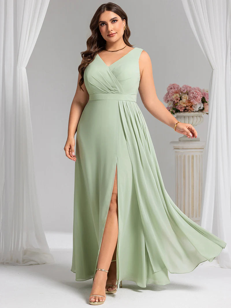 Mint green plus size bridesmaid dress, sleeveless A-line chiffon with split.