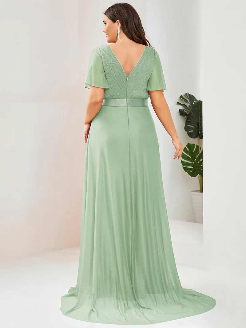Mint Green shimmer plus size formal dress with satin band.