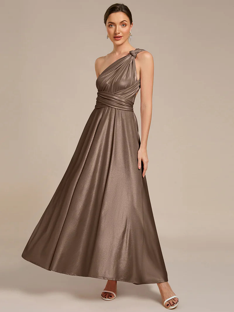 Mocha plus size infinity multiway bridesmaid dress with tube top.