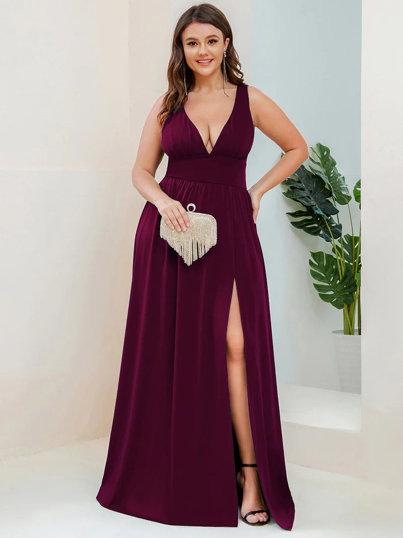 Mulberry plus size formal dress with deep v neck and split.