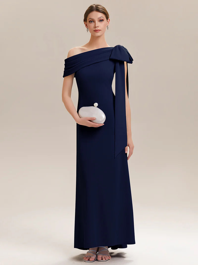 Navy Blue asymetrical one shoulder with bow formal dress.