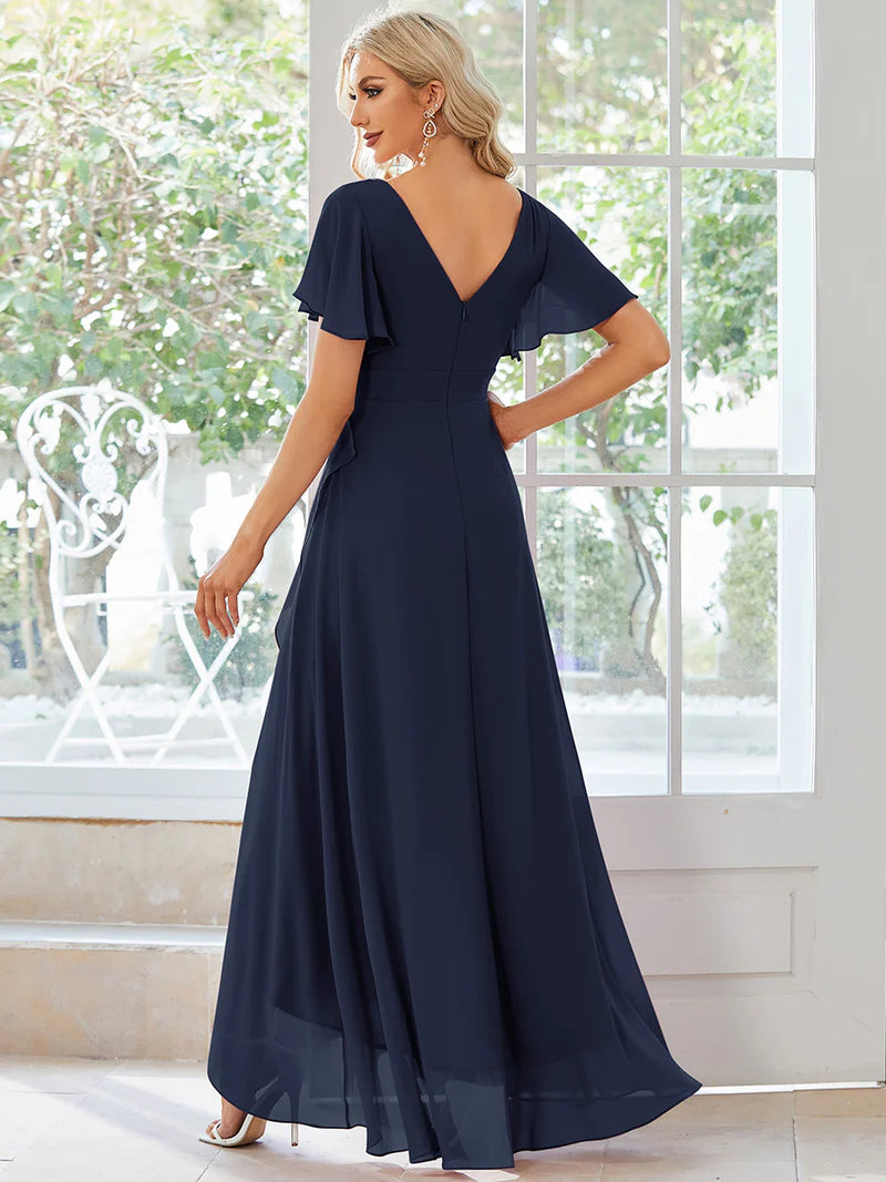 Navy blue bridesmaid dress with high low ruffle and chiffon.