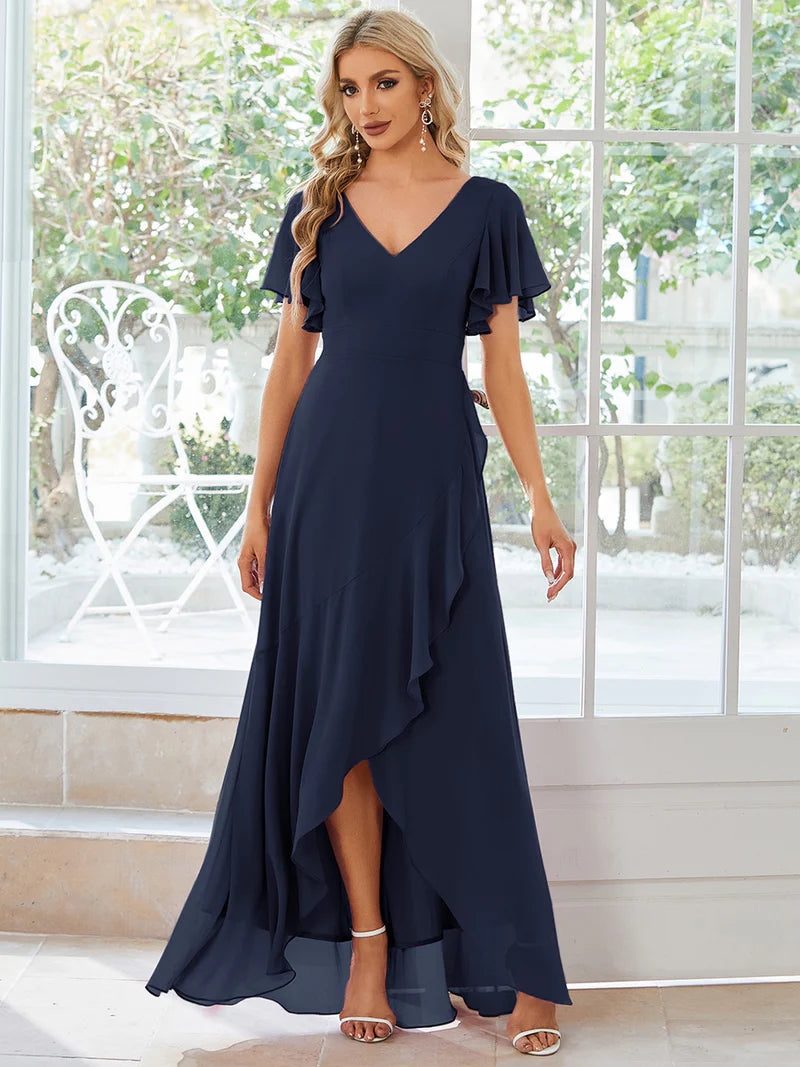 Navy blue bridesmaid dress with high low ruffle and chiffon.