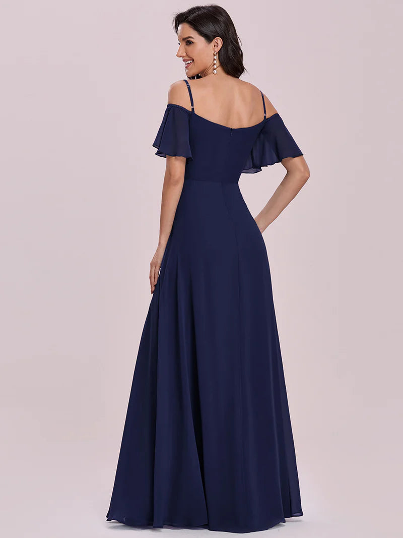 Navy blue bridesmaid dress, off shoulder chiffon.