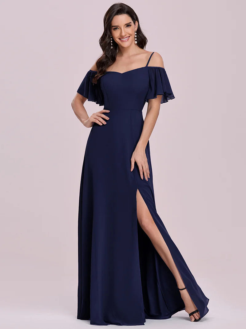 Navy blue bridesmaid dress, off shoulder chiffon.