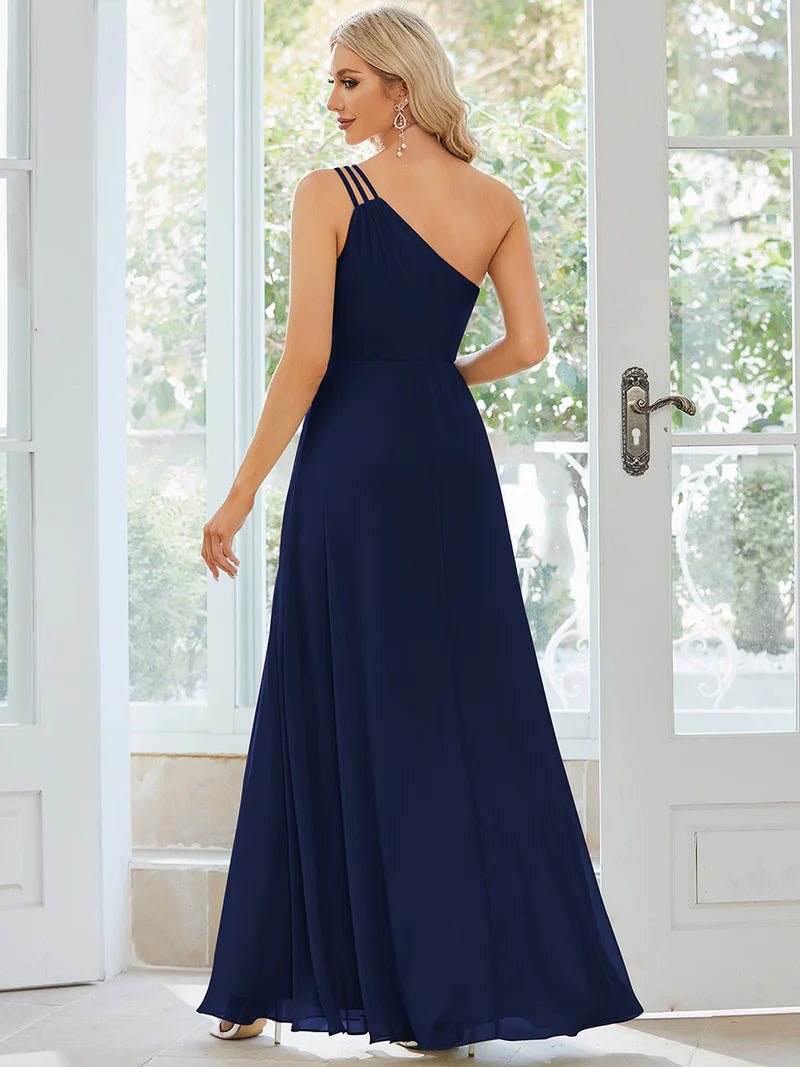 Navy blue bridesmaid dress with one shoulder, beaded and chiffon.