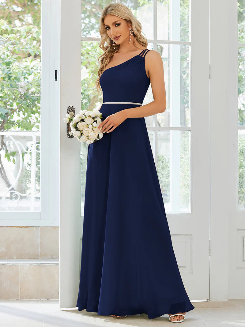 Navy blue bridesmaid dress with one shoulder, beaded and chiffon.