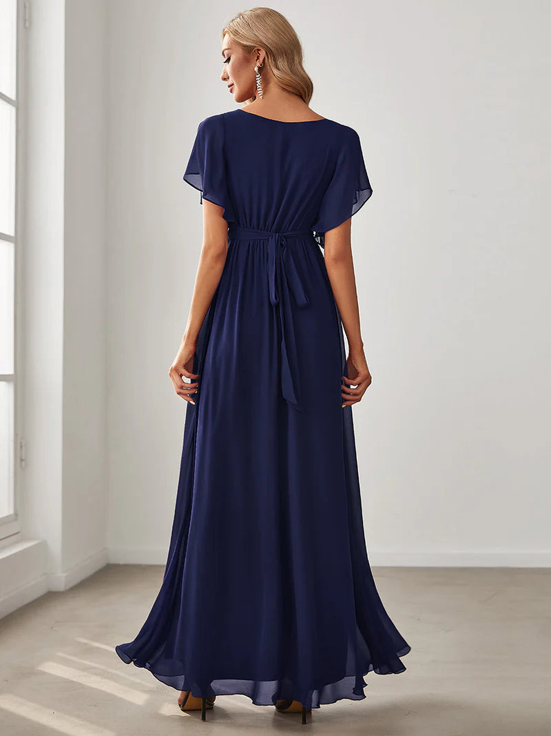 Navy blue bridesmaid dress with v-neck and a-line.
