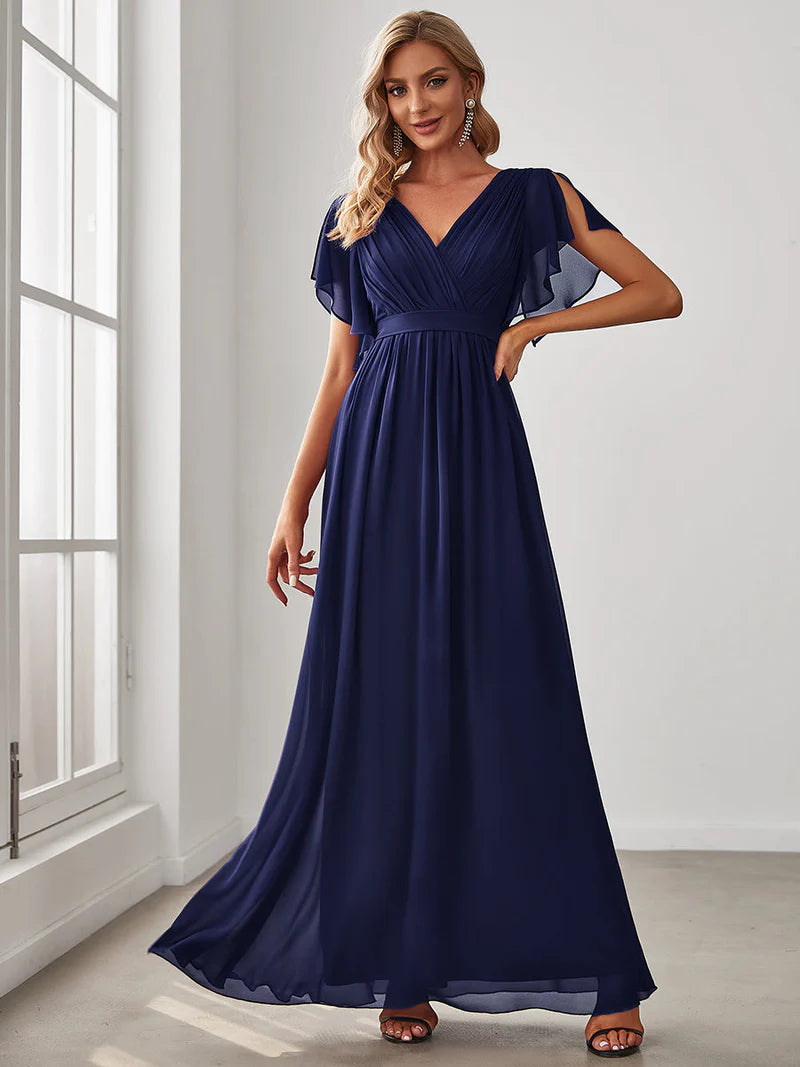 Navy blue bridesmaid dress with v-neck and a-line.