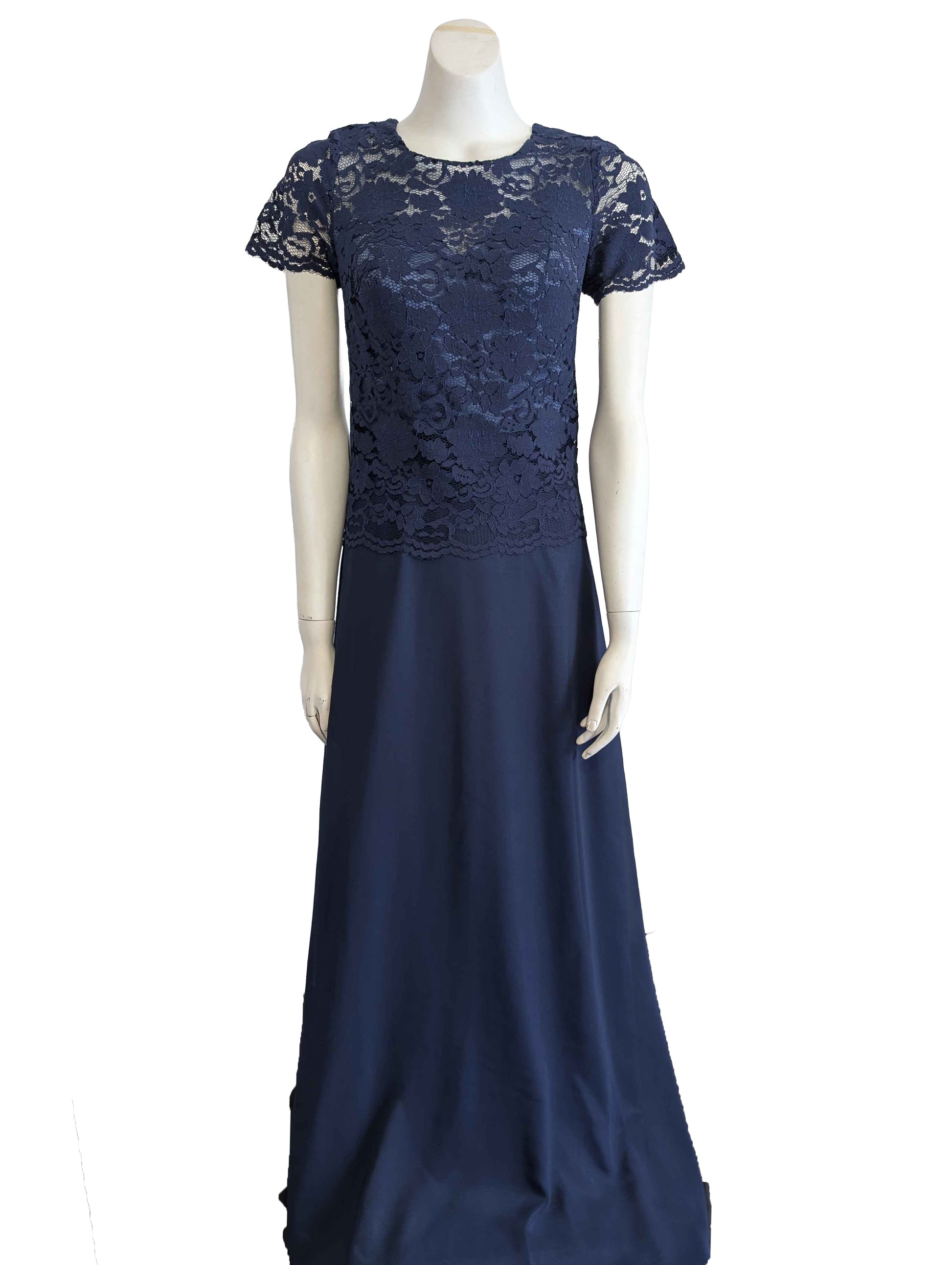 Navy blue short sleeve formal dress or mother of the bride dress with lace top and chiffon skirt.