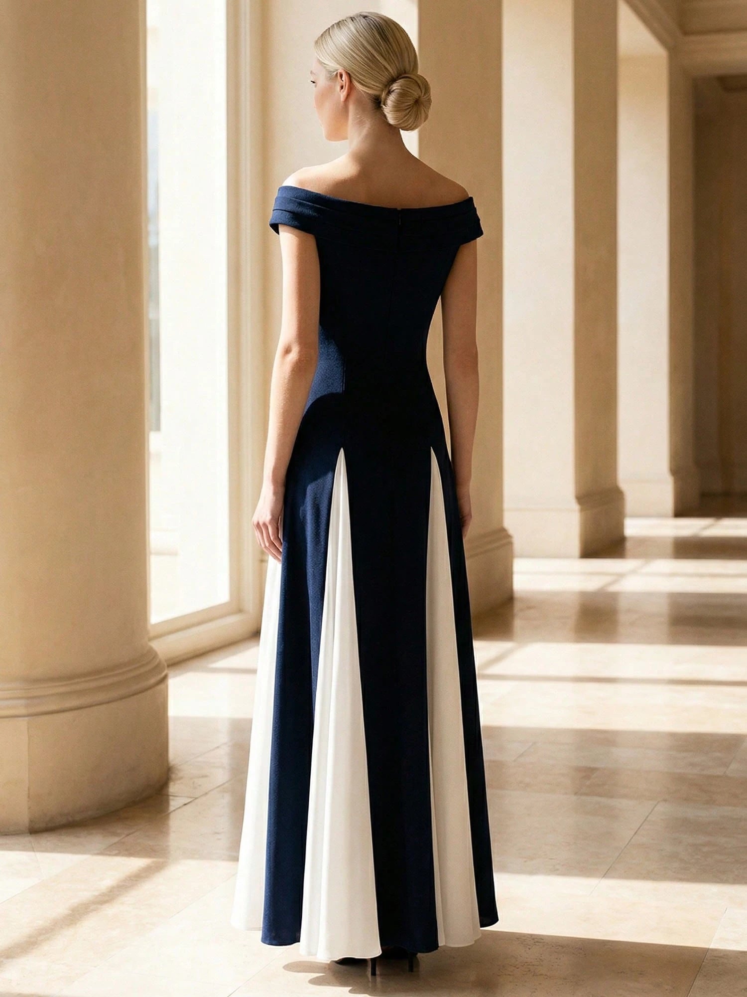 Navy Blue formal dress with v neck and chiffon panels.