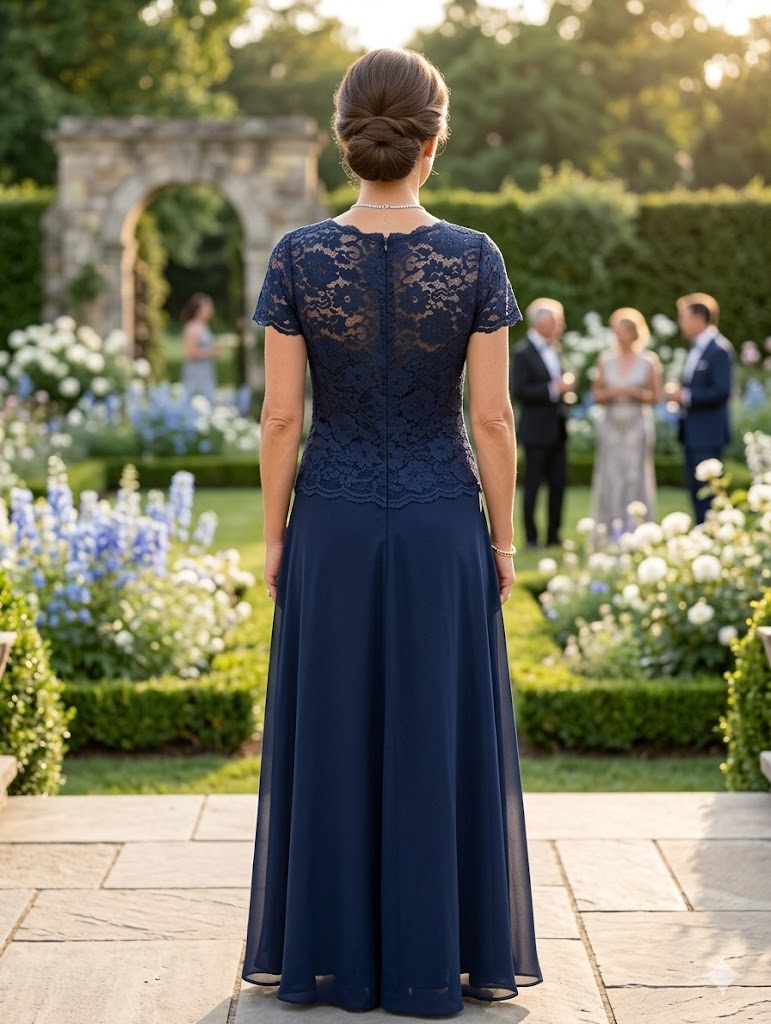 Navy blue lace and chiffon mother of the bride dress.