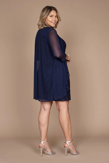 Navy blue Short length short sleeve Mother of the bride dress with pearl beading detail and chiffon jacket.