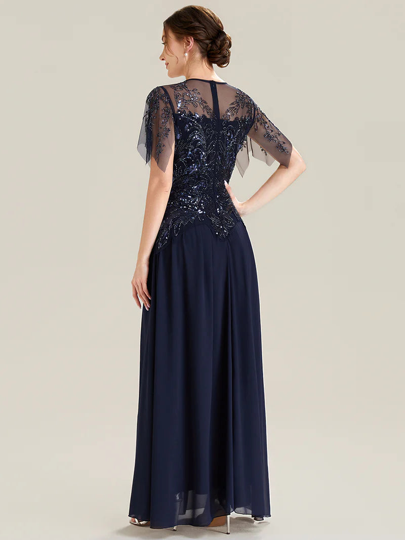 Navy blue round neck sequin short sleeve mother of the bride dress in chiffon.