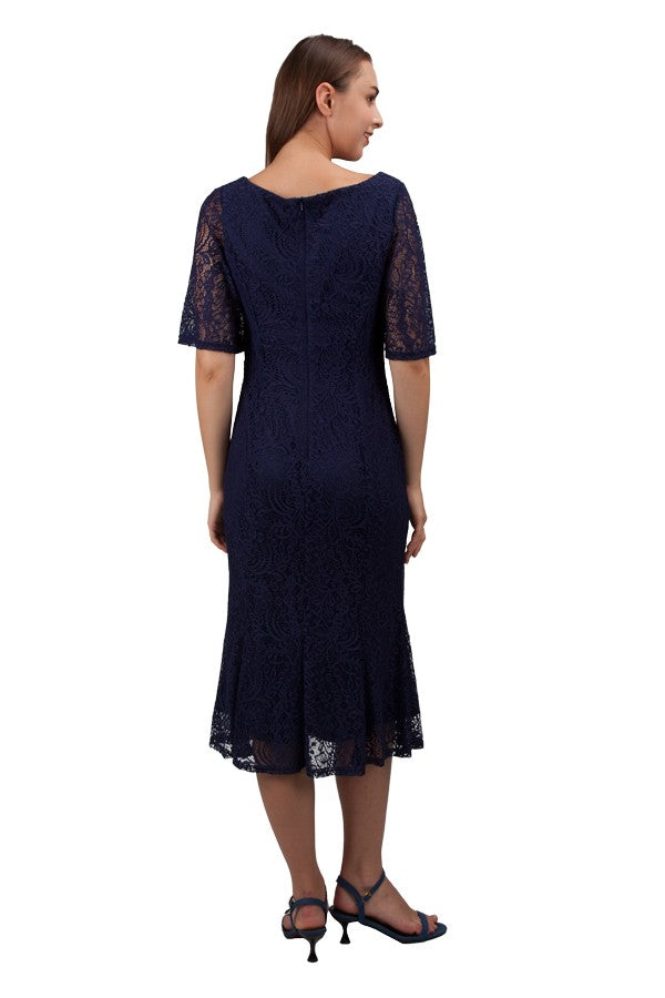 Navy blue mother of the bride short sleeve lace midi dress by Miss Anne available in plus size.