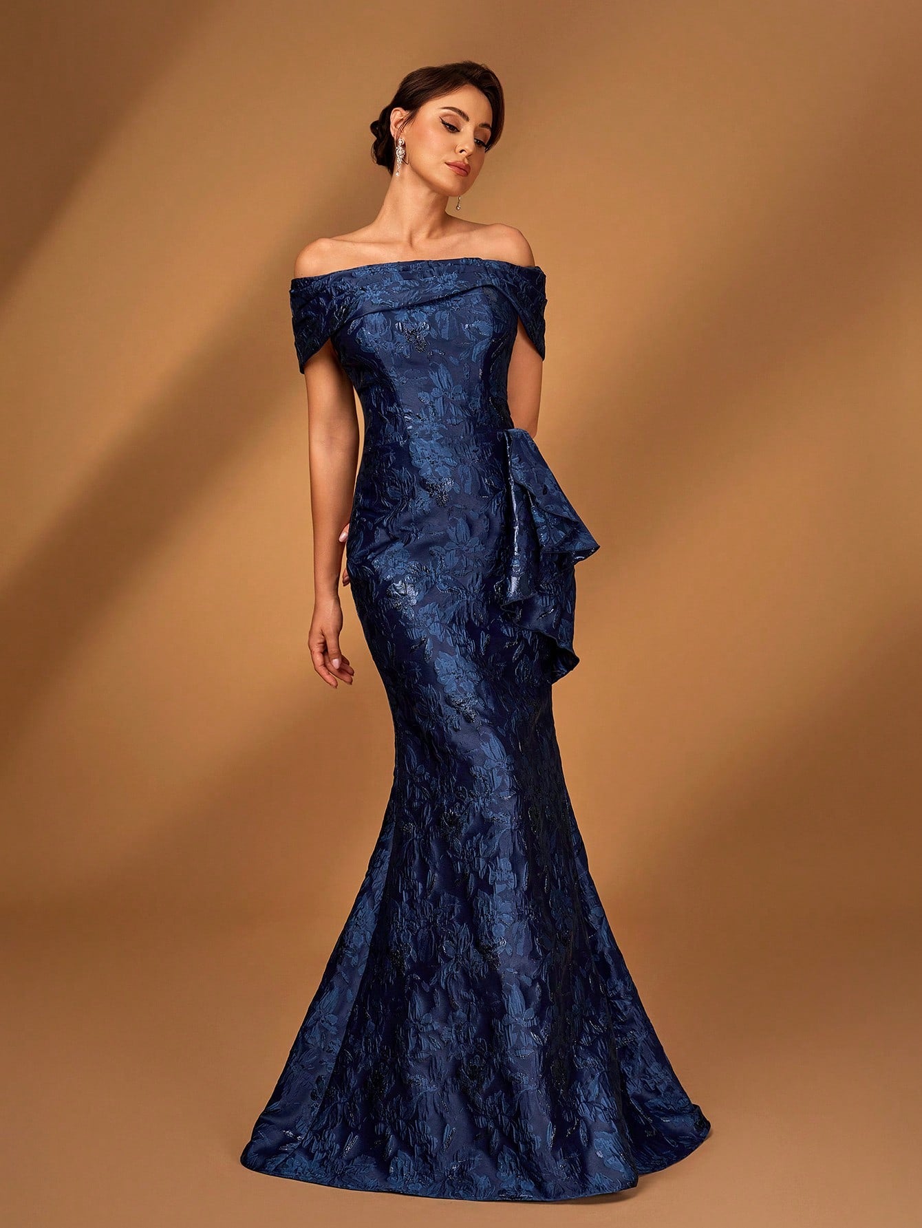 Off Shoulder Jacquard Satin Plus Dress