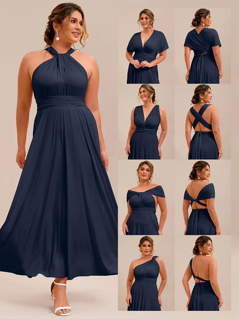Navy Blue plus size infinity multiway bridesmaid dress with tube top.
