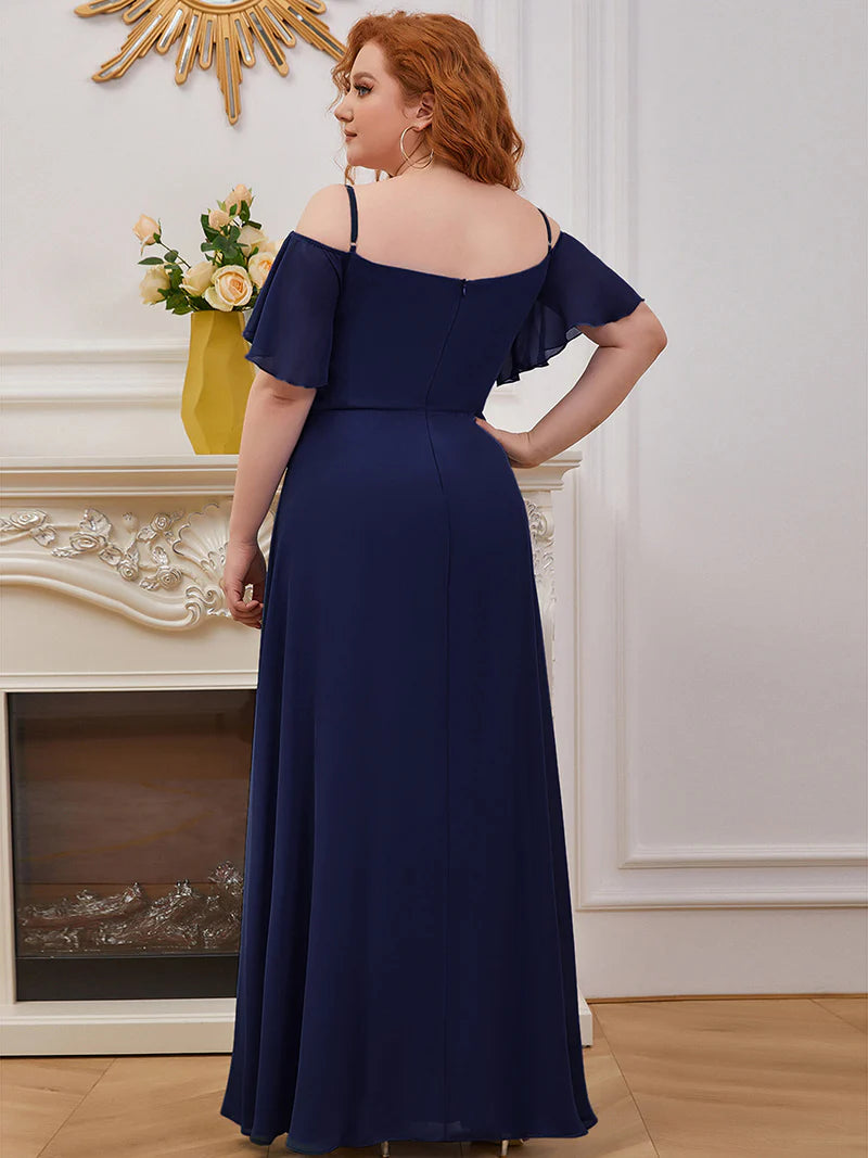 Navy blue plus sized bridesmaid dress, off shoulder chiffon.