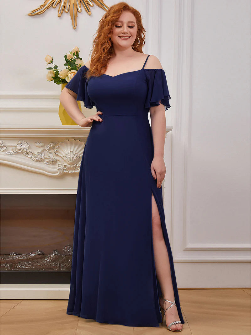 Navy blue plus sized bridesmaid dress, off shoulder chiffon.