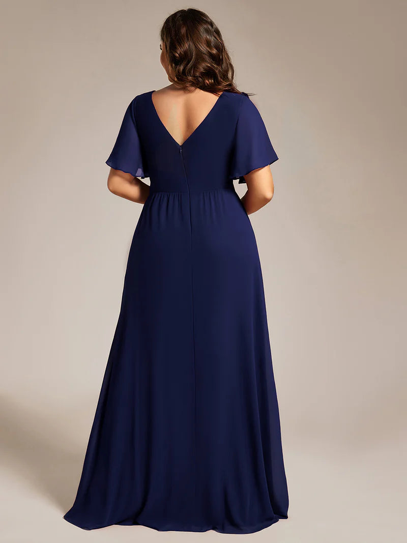 Navy Blue plus size formal dress with sleeves and a hidden split.