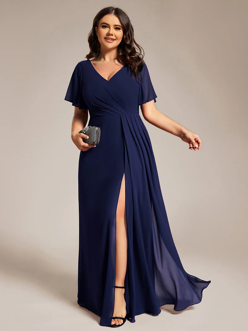 Navy Blue plus size formal dress with sleeves and a hidden split.