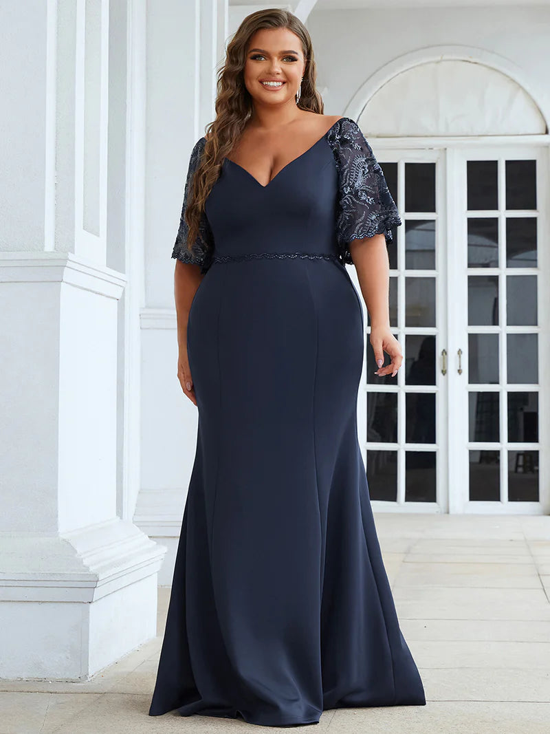Navy blue Plus size formal, evening, mother of the bride dress with lace sleeves, v-neck and fishtail.
