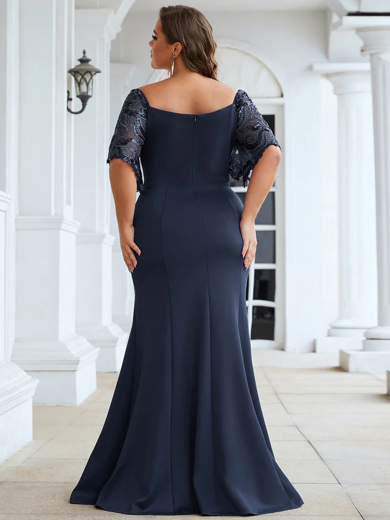 Navy blue Plus size formal, evening, mother of the bride dress with lace sleeves, v-neck and fishtail.
