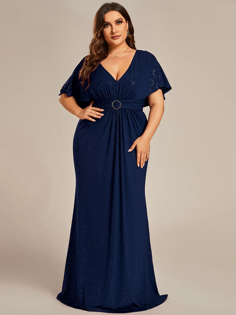 Navy blue plus size sparkly v-neck short sleeve, maxi formal or mother of the bride dress with belt.
