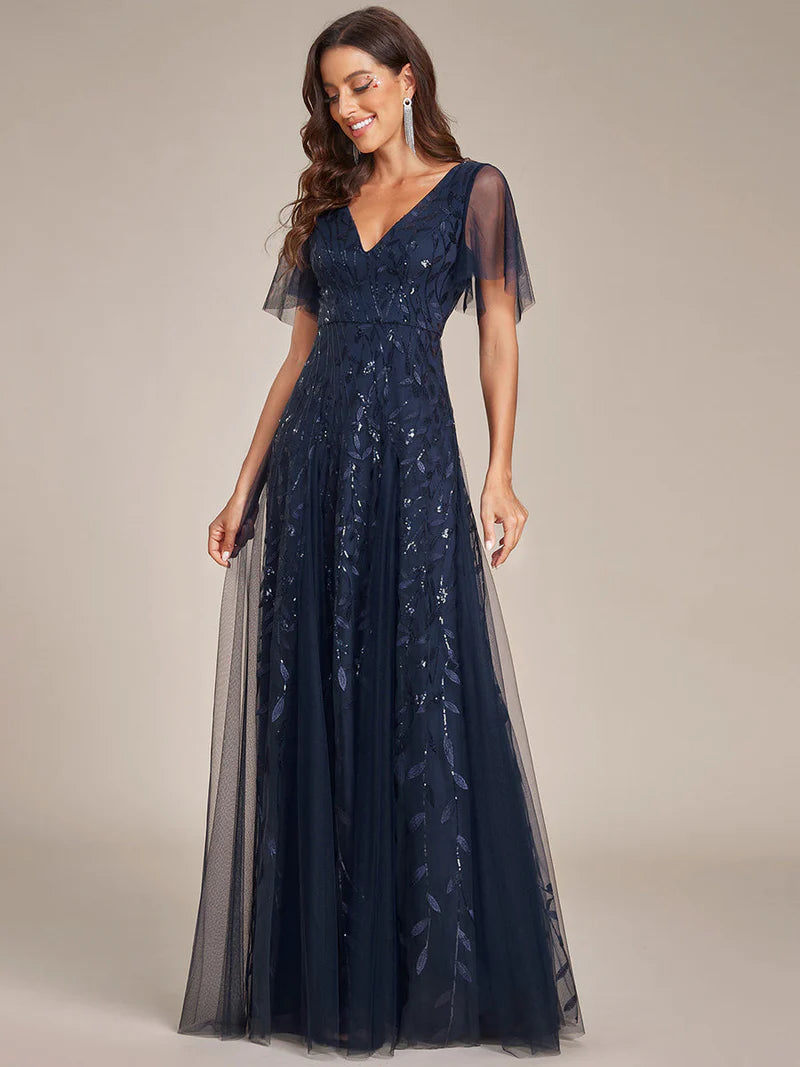 Navy Blue plus size mother of the bride dress with short sleeves and flowing tulle.