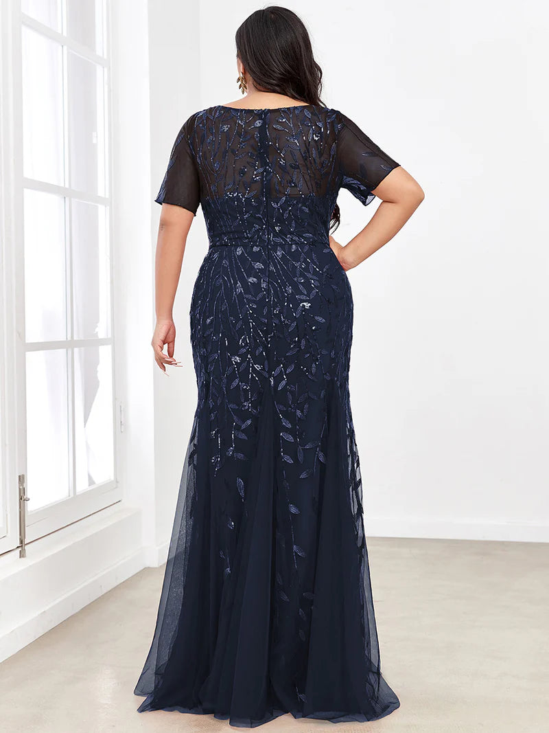 Navy blue Plus Size Mother of the bride or formal dress, short sleeve with tulle, lace and sequin detailing.