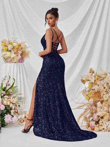 Navy blue formal dress, sequin corset style evening dress with spaghetti straps and lace up back. Graceful Elegance services Logan, Brisbane, Gold Coast, Scenic Rim.
