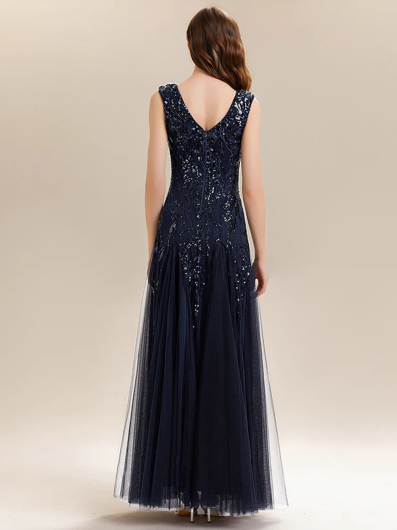 Navy blue sequin and tulle mother of the bride dress with short sleeve.