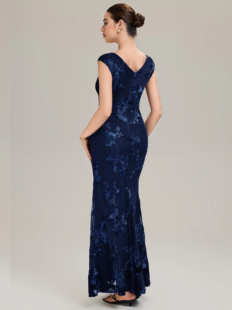 Navy Blue mother of the bride dress with ribbon detail and sheath mermaid style.