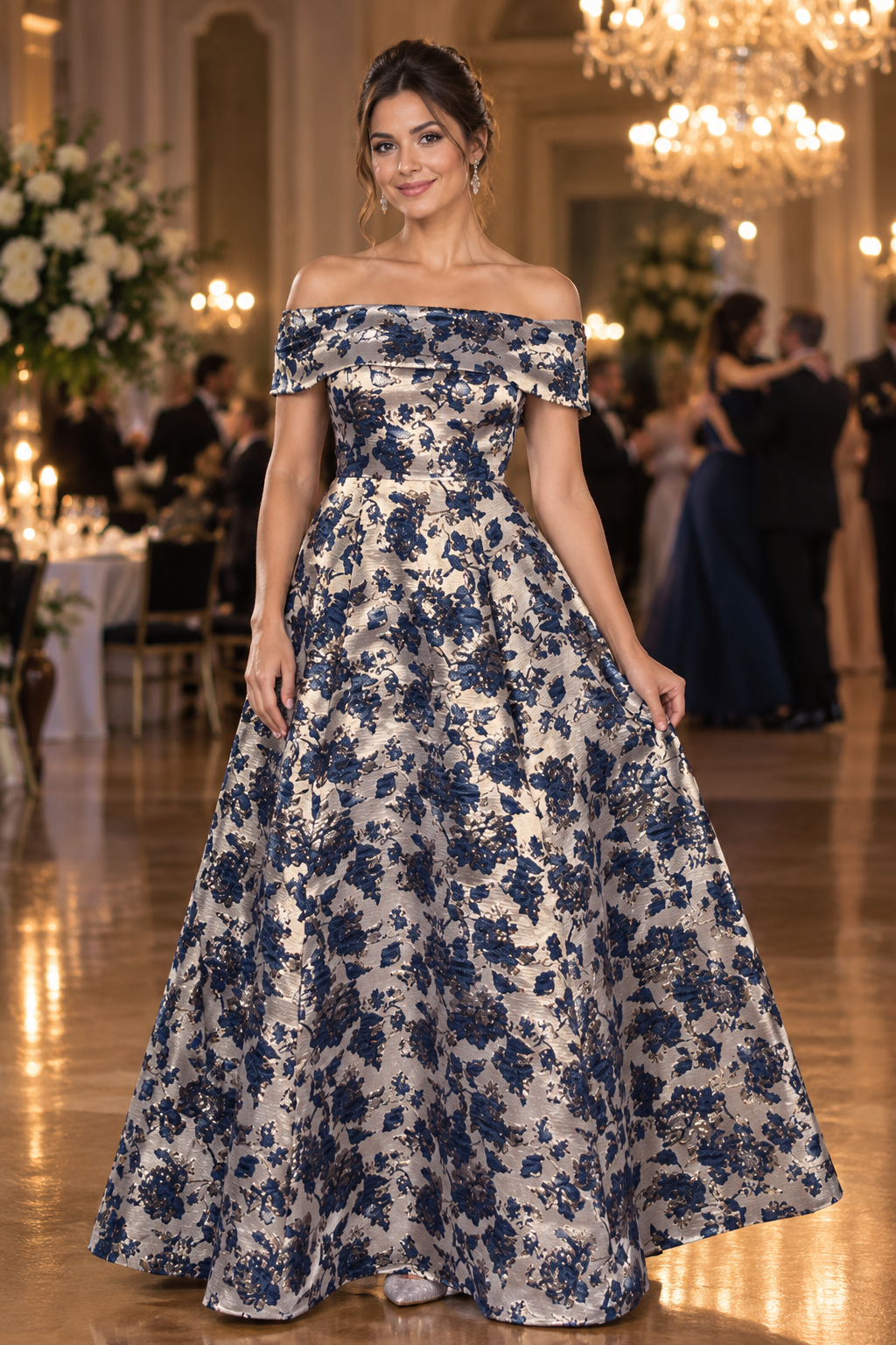 Navy blue and silver brocade formal dress with off shoulder style and full skirt.