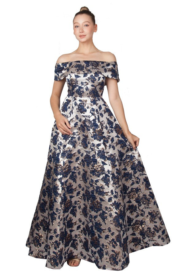 Navy blue and silver formal dress with off shoulder design in a brocade fabric.