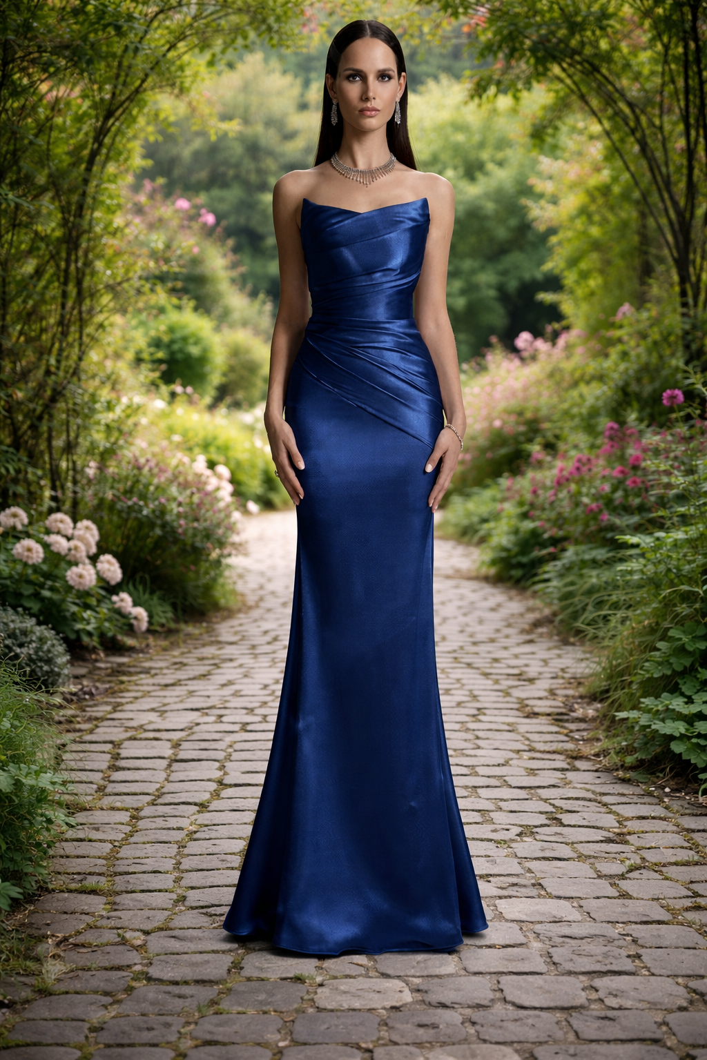 Navy blue satin sheath formal dress with mermaid train.