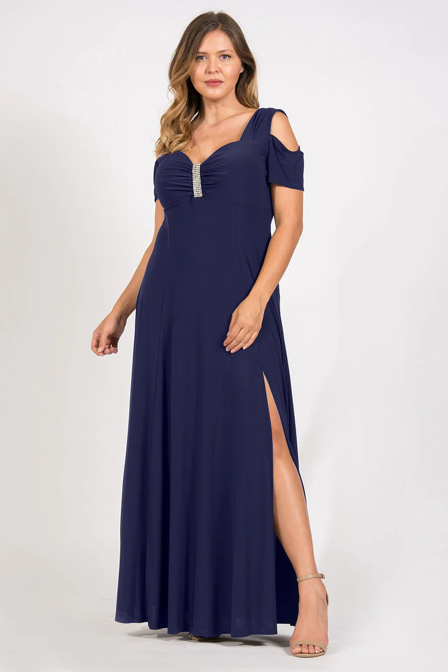 Navy Blue cold shoulder formal dress with diamante detail.