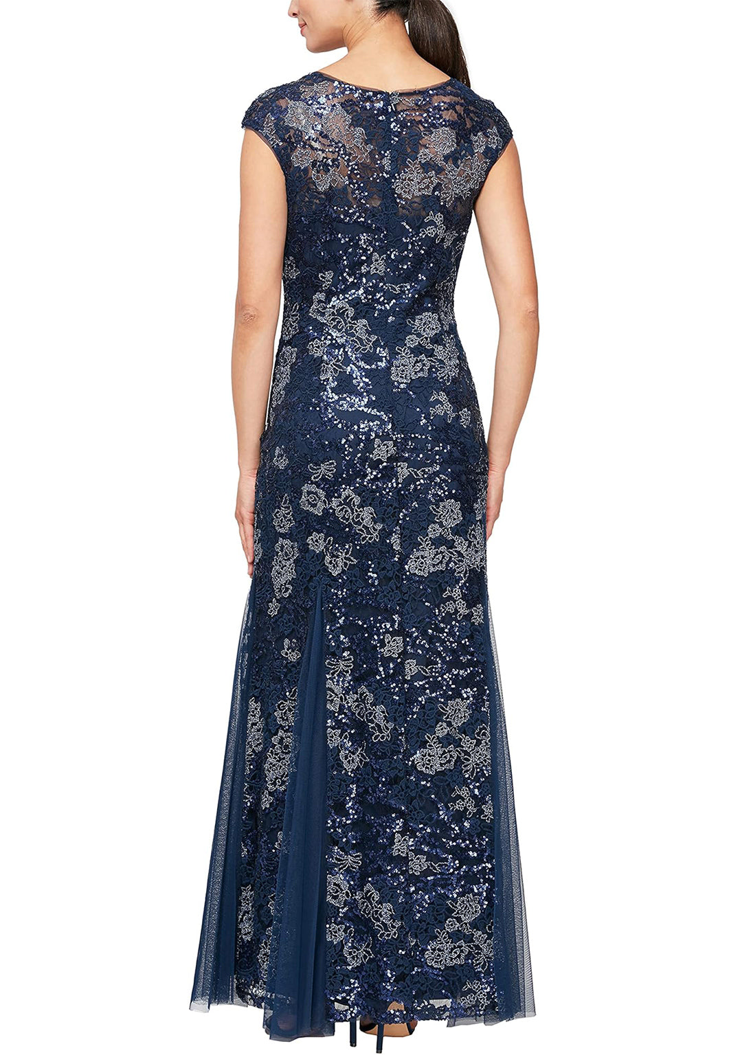 Navy Mother of the bride lace and tulle formal dress.
