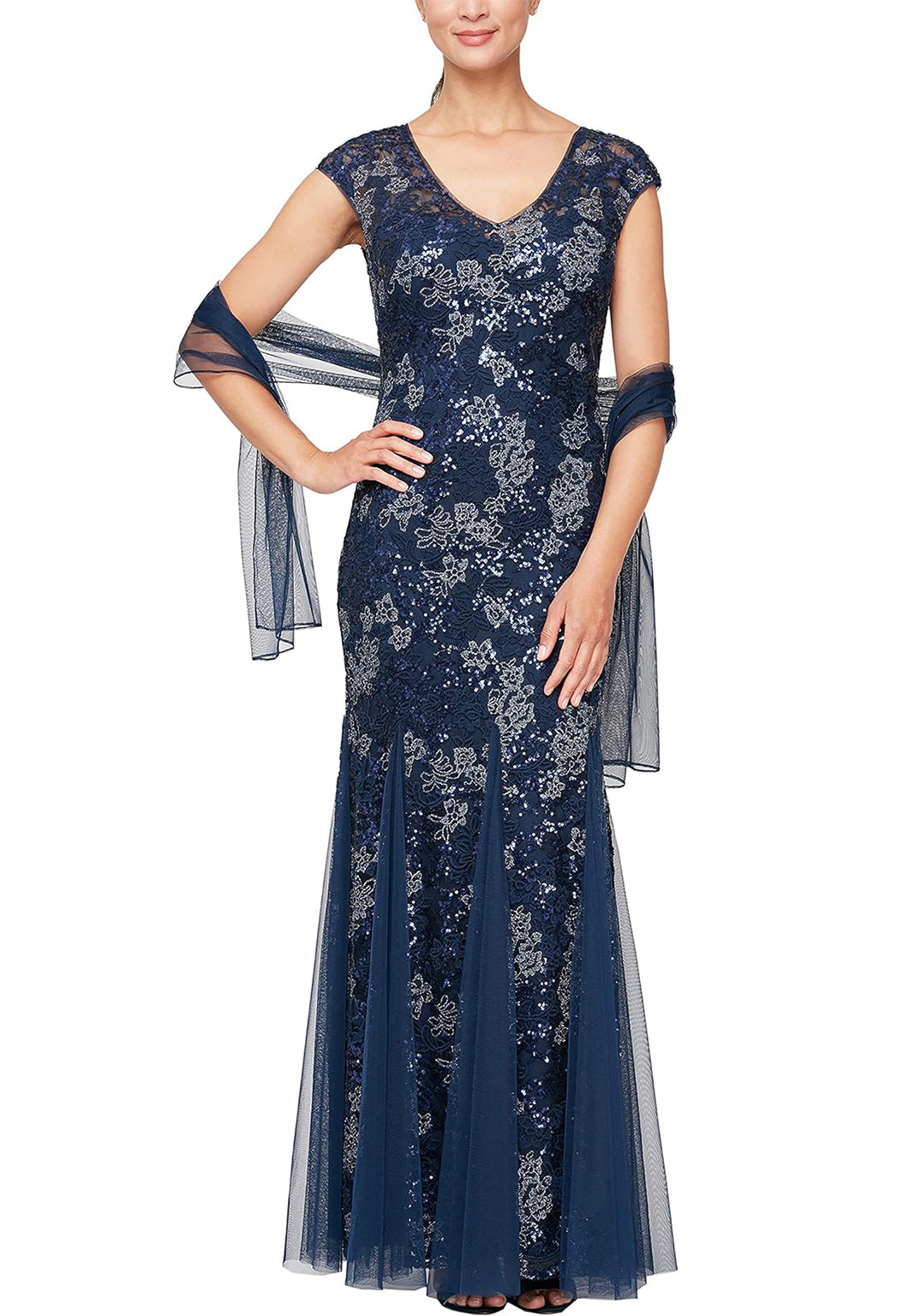 Navy Mother of the bride lace and tulle formal dress.